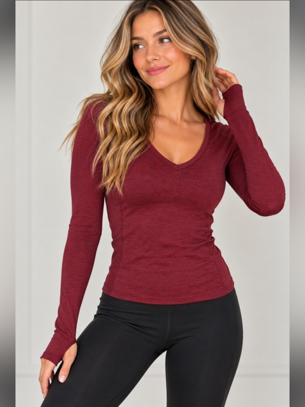Fabletics Burgundy Long Sleeve V Neck Athletic Top XXS